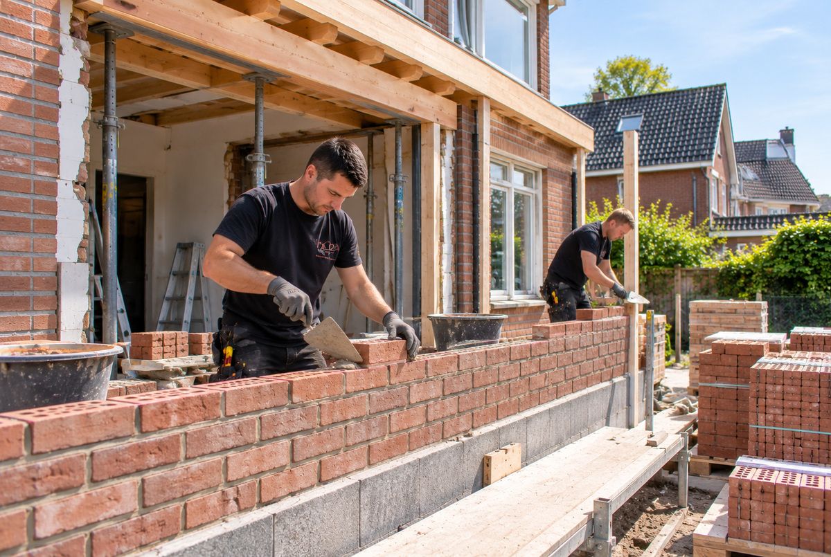 Aanbouw realiseren met metselwerk door een aannemersbedrijf Twee Nederlandse aannemers voeren metselwerk uit aan de bakstenen buitenmuur van een aanbouw tijdens een woninguitbreiding