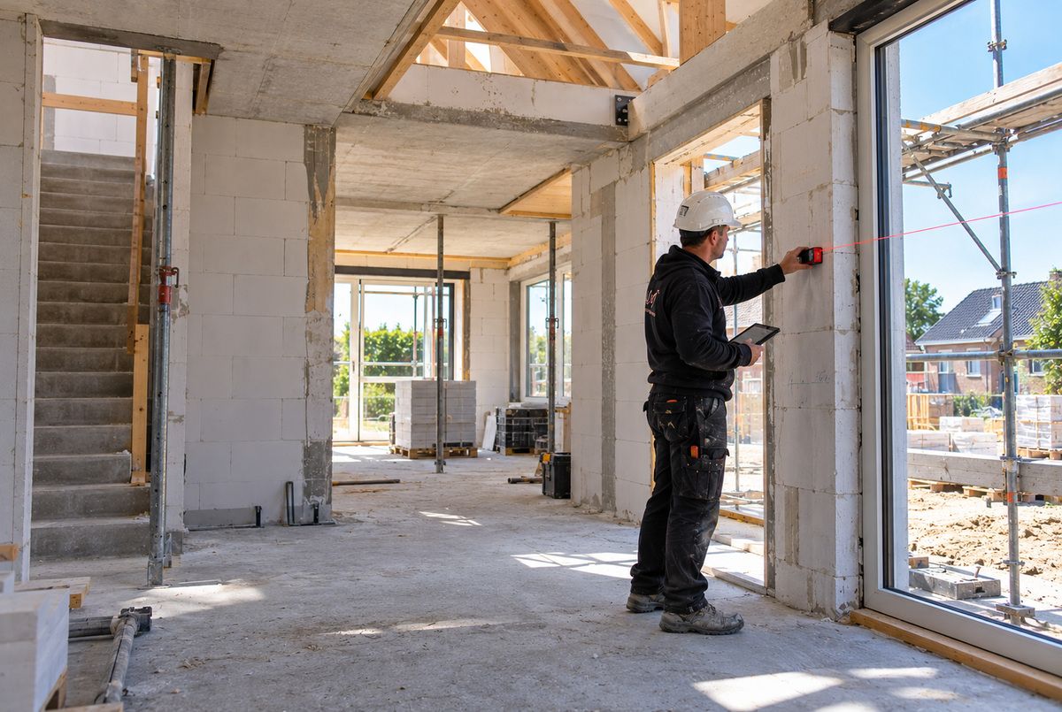 Aannemer controleert met een laser de uitlijning van een binnenmuur tijdens de ruwbouw van een nieuwbouwwoning