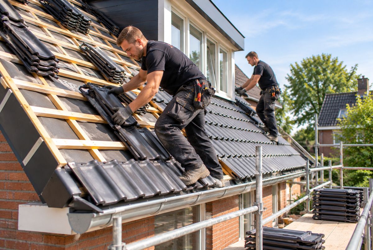 Dakpannen leggen door een aannemersbedrijf tijdens een dakrenovatie Twee Nederlandse aannemers leggen zwarte dakpannen op het schuine dak van een woning tijdens een dakrenovatie