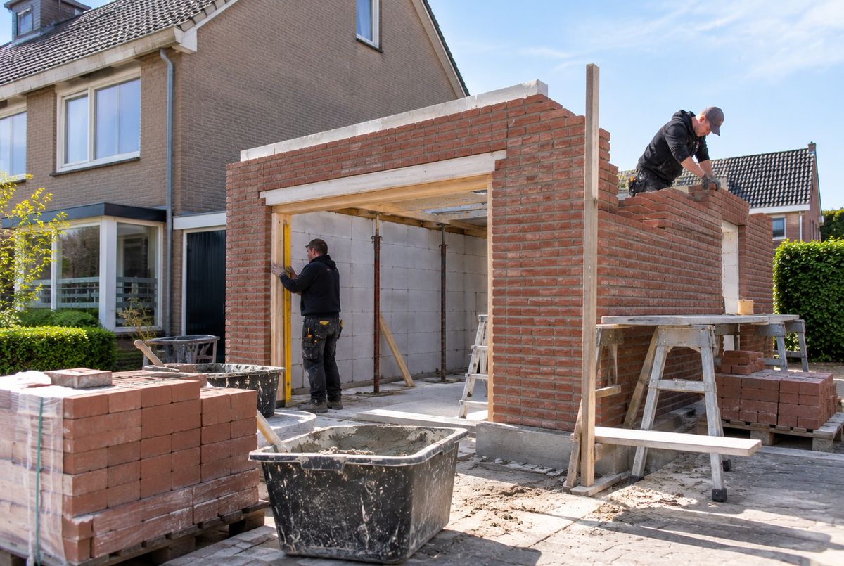 Aannemers metselen buitenmuren van een aanbouw aan een woning Twee aannemers metselen de buitenmuren van een aanbouw aan een bestaande woning en controleren de maatvoering van de constructie