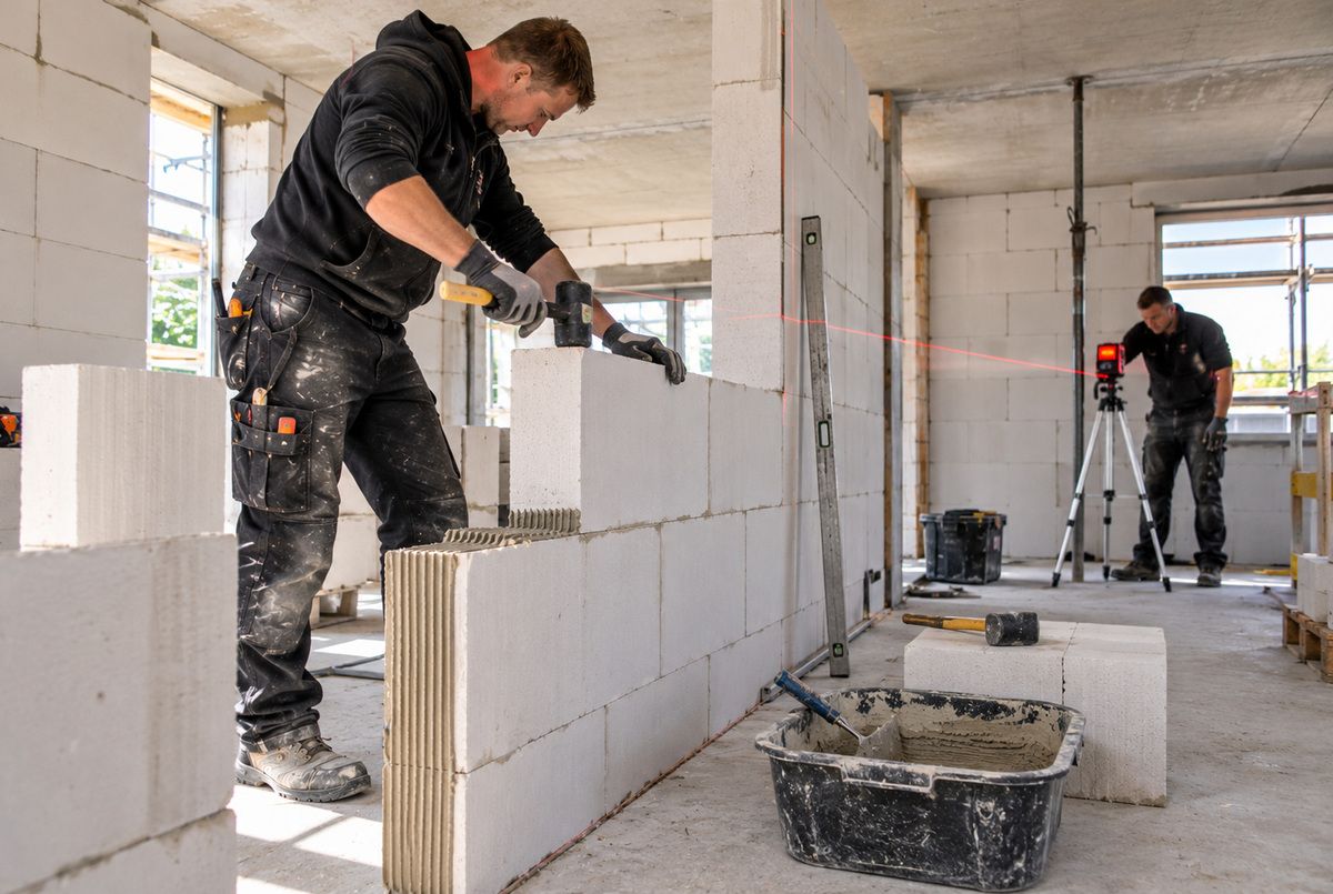 Aannemers plaatsen een binnenmuur van cellenbetonblokken Twee aannemers plaatsen een binnenmuur van cellenbetonblokken tijdens de ruwbouw van een nieuwbouwwoning en controleren de maatvoering met een bouwlaser