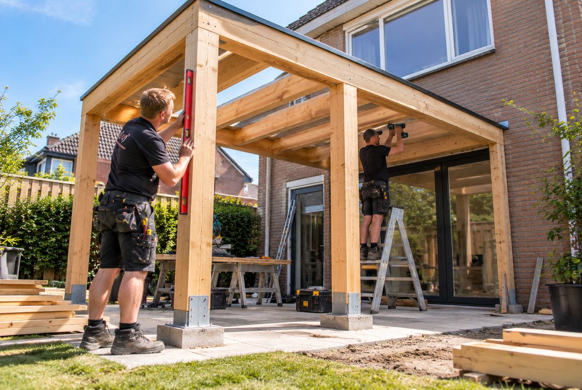 Aannemers plaatsen een houten overkapping aan een woning Twee aannemers bouwen een houten overkapping aan een woning, waarbij ze de staanders controleren en de dakbalken bevestigen