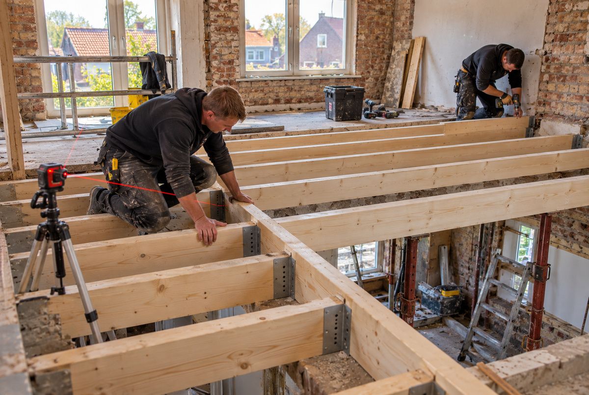 Aannemers plaatsen houten vloerbalken bij een woningrenovatie Twee aannemers plaatsen houten vloerbalken tijdens de renovatie van een woning en controleren de maatvoering met een bouwlaser