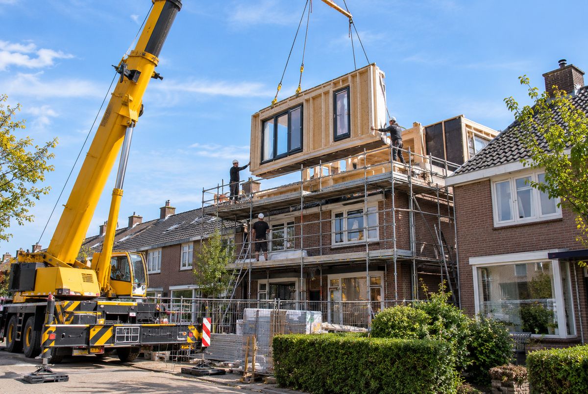 Aannemers plaatsen een prefab dakopbouw met een bouwkraan Aannemers plaatsen met een mobiele bouwkraan een prefab houten wandelement tijdens de opbouw van een dakopbouw op een woning