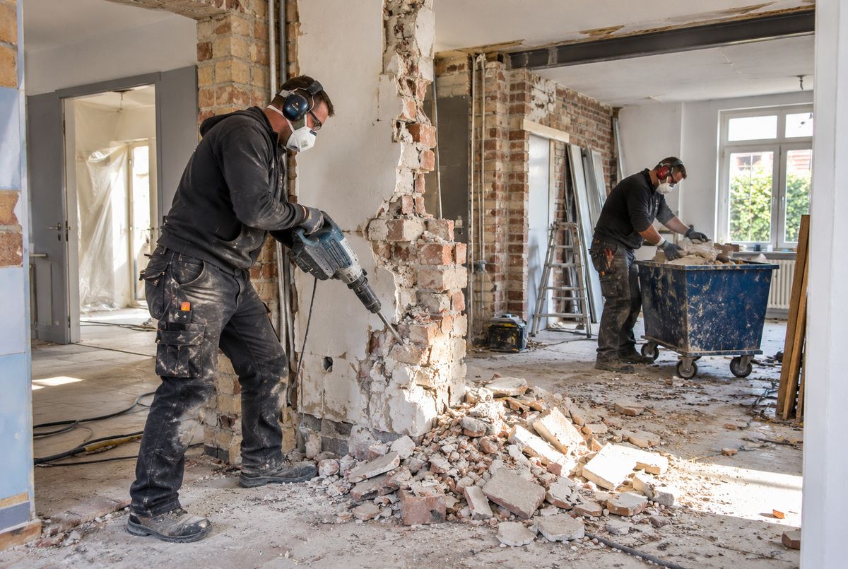 Aannemers voeren sloopwerkzaamheden uit bij een woningrenovatie Twee aannemers voeren sloopwerkzaamheden uit tijdens een woningrenovatie, waarbij een binnenmuur wordt verwijderd en bouwpuin wordt afgevoerd