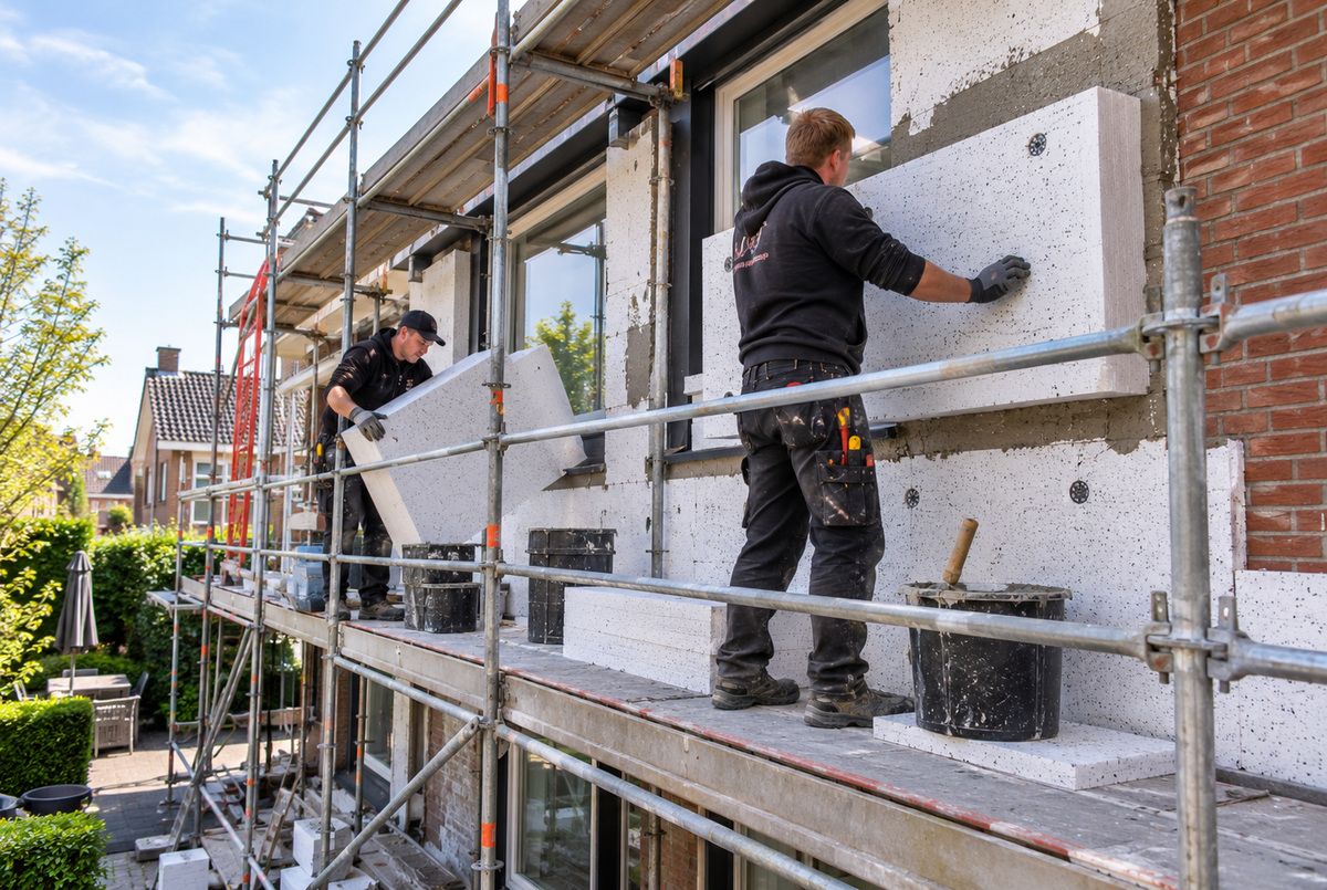 Twee vakmannen plaatsen gevelisolatieplaten aan de buitenmuur van een woning vanaf een steiger